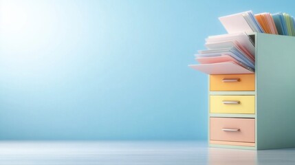 Fototapeta premium Colorful file cabinet overflowing with papers against a light blue background.