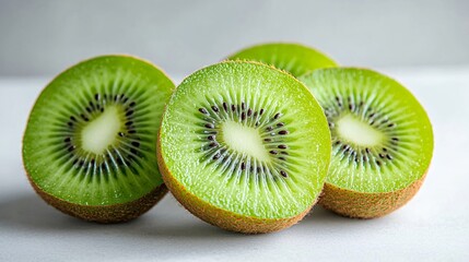Freshly Cut Kiwi Slices Displayed on Gray Surface in Natural Lighting for Healthy Eating and Recipes