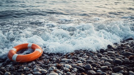 Obraz premium Lifebuoy Resting on Rocky Beach with Foamy Waves Gently Crashing Against the Shore at Sunset
