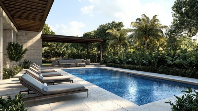 Outdoor swimming pool with chaise lounges and tropical greenery