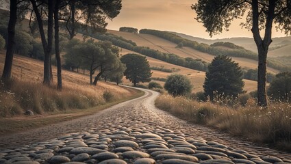 Cobblestone road through rural landscape.