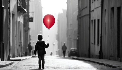 Alone child walking down city street with red balloon. Loneliness