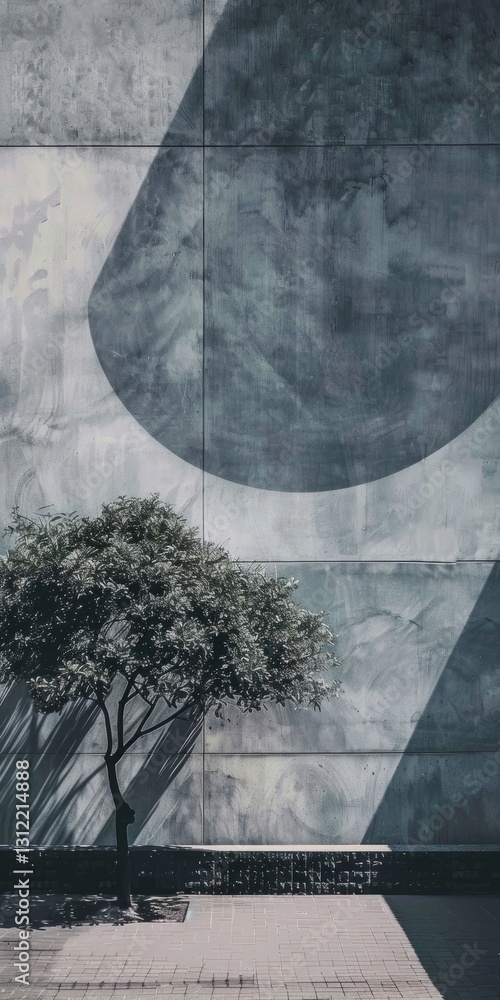 Poster a minimalist urban scene featuring a solitary tree against a textured wall with abstract shadows, cr