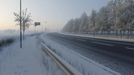 Obraz premium Snowy winter road at dawn with trees and signage. Possible use travel, nature, or winter backgrounds
