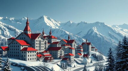 Snowy Mountain Village Red Roof Alpine Resort Winter Landscape