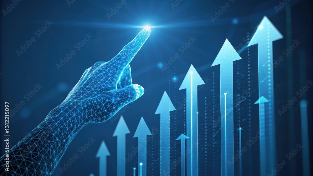 Poster future is in your hands: a digital hand pointing towards an array of upward-trending arrows, suggest