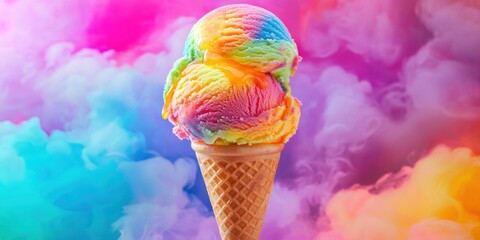 Flying rainbow sherbet ice cream with fruit syrup bursts on a neon multicolor background