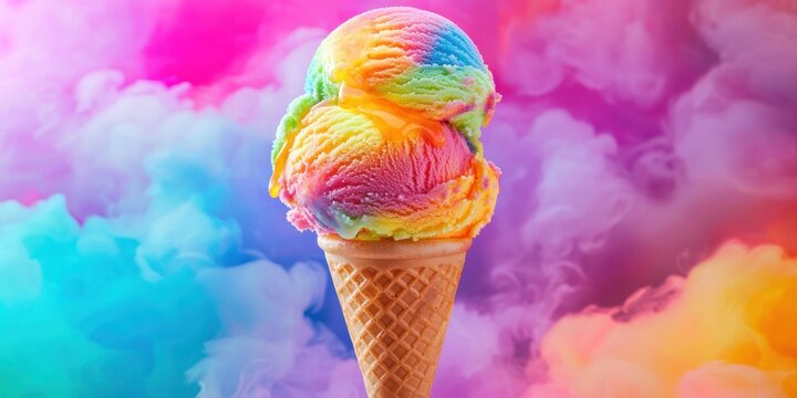 Flying rainbow sherbet ice cream with fruit syrup bursts on a neon multicolor background