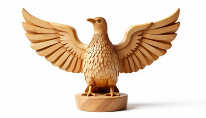 Carved wooden Bird of Happiness perched on stand, symbol of luck