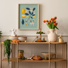 Warm and cozy composition of easter living room interior with mock up poster frame, vase with...