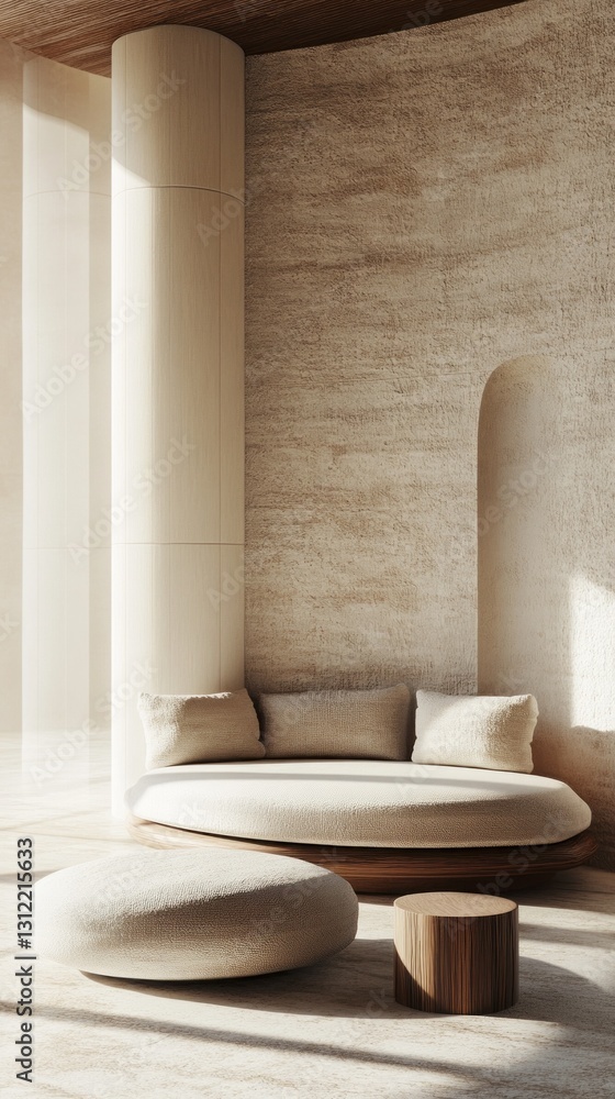 Poster curved forms and soft materials create a serene space filled with gentle sunlight. the warm tones an