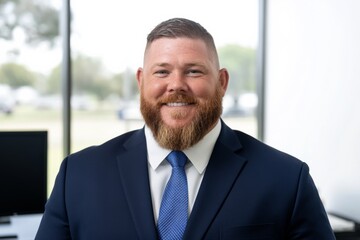 Fototapeta premium Middle-aged man in blue suit and tie smiles confidently in office setting with blurred background of desk and window