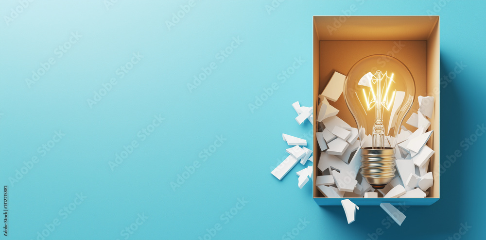Poster light bulb illuminated inside box filled with packing material, creating striking visual contrast ag