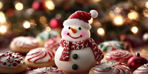 Whimsical holiday scene featuring a cookie snowman.