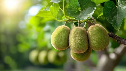 Fresh Green Fruits Hanging from a Tree Branch Surrounded by Lush Green Leaves in Natural Light