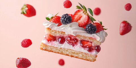 Flying slice of strawberry shortcake with fresh berries and cream, floating against a pastel coral background