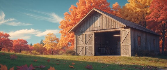 Rustic Wooden Garage Building Autumn Landscape Setting
