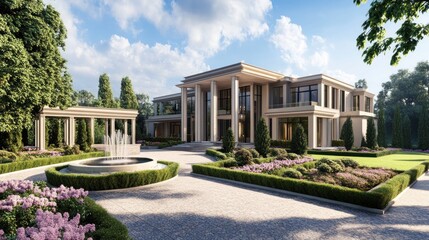 A large modern mansion features a water fountain and green landscape