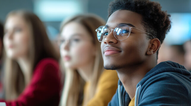 Young african male student with glasses in classroom setting