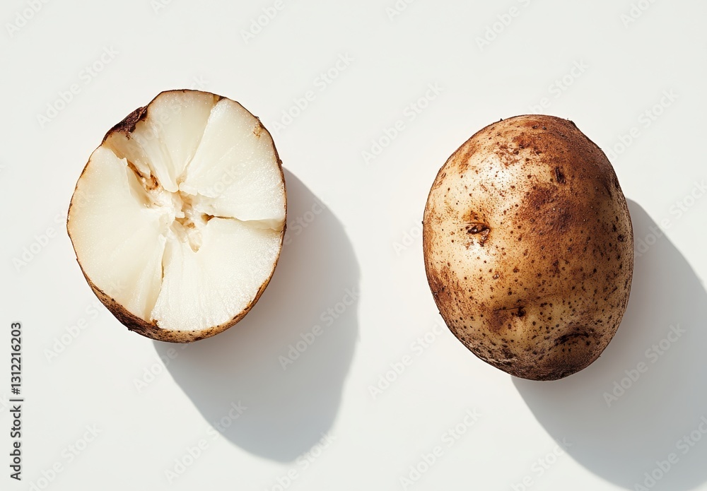 Poster freshly cut potato and whole potato on white surface with natural light and shadow displaying textur