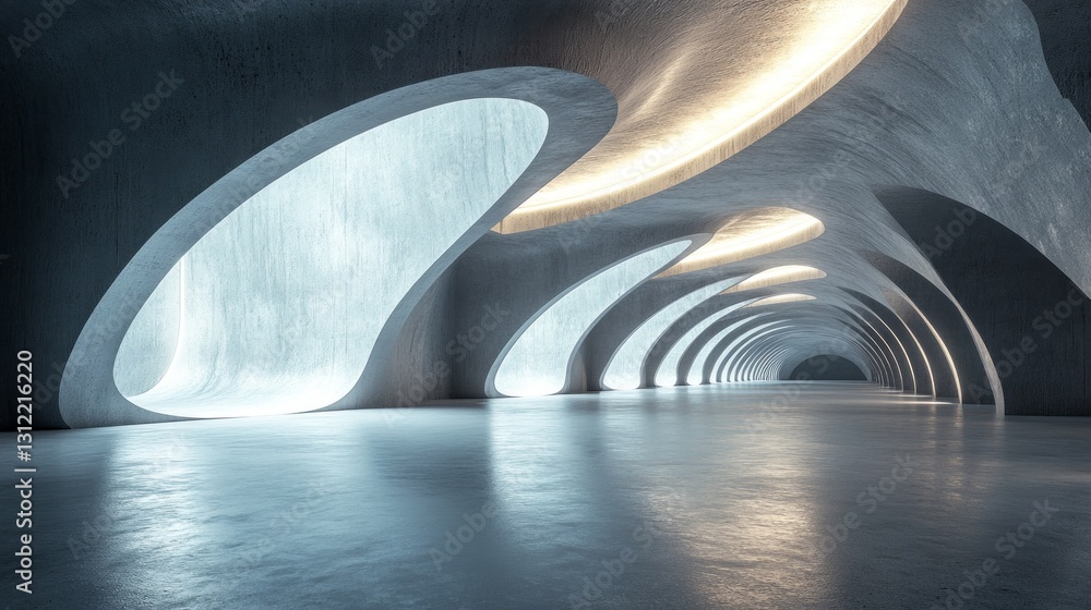 Poster Curved walls and soft light fixtures create a mesmerizing atmosphere in this abstract space. The interplay of shadows and highlights invites a sense of wonder and exploration