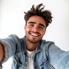 Obraz premium Happy Young Man in Denim Jacket - Smiling Selfie