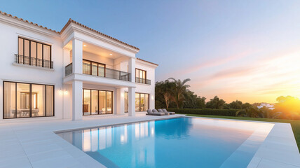 Modern house with swimming pool at sunset, showcasing elegant architecture and serene surroundings. tranquil atmosphere invites relaxation and enjoyment
