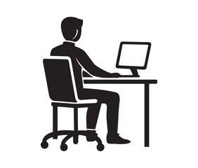 Businessman working on laptop. Working from home: remote job illustration. Computer desk setup a workplace icon.