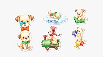 Fototapeta premium Adorable Puppy Stickers Cute Dog Illustrations Playful Pets Cartoon Animals Childrens Designs