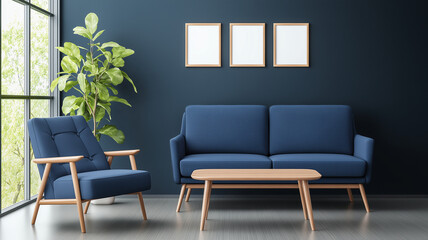 Modern living room with blue sofa, armchair, and wooden coffee table