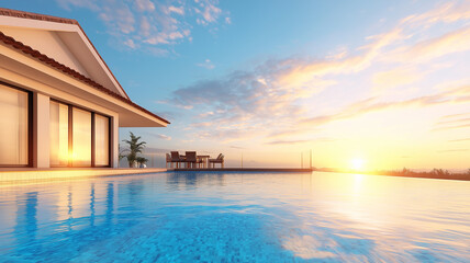 modern villa with stunning swimming pool at sunset, showcasing tranquil water reflections and serene atmosphere. outdoor seating area invites relaxation and enjoyment of beautiful view