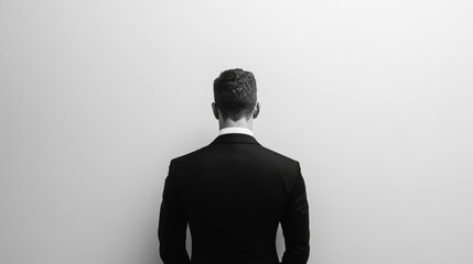 Young caucasian adult male in black suit facing wall from behind