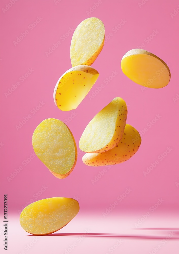 Poster freshly cut potato slices floating in the air against a soft pink background creating a playful and 
