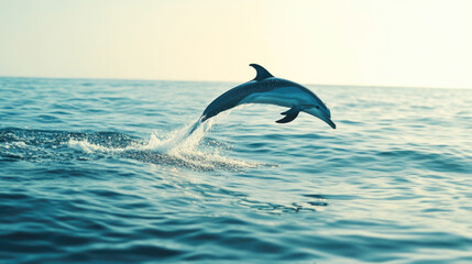 Naklejka premium Dolphin leaping gracefully in ocean under sunny sky