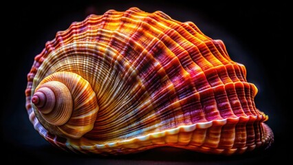 Obraz premium Black background accentuates the detailed texture and spiraling form of a seashell in this close-up macro photograph.
