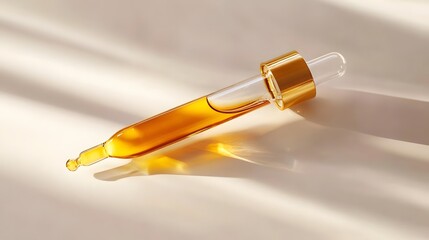 Naklejka premium Golden serum rests beneath beautiful light with its shadow