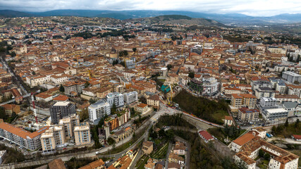 Aerial view of houses, buildings and apartments in the historic center of L'Aquila, Abruzzo, Italy.
