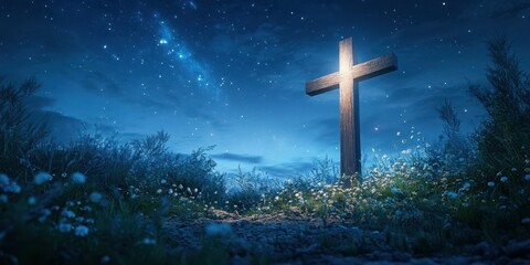 Naklejka premium Wooden cross illuminated by starlight surrounded by wildflowers at night in a tranquil landscape