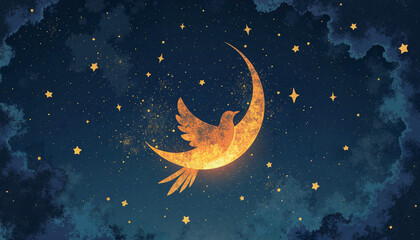 Celestial bird silhouette glowing in starry sky, ethereal serenity