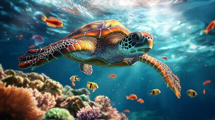 Obraz premium colorful sea turtle swimming in deep blue ocean, surrounded by vibrant fish and coral reefs, creates serene underwater scene full of life and beauty