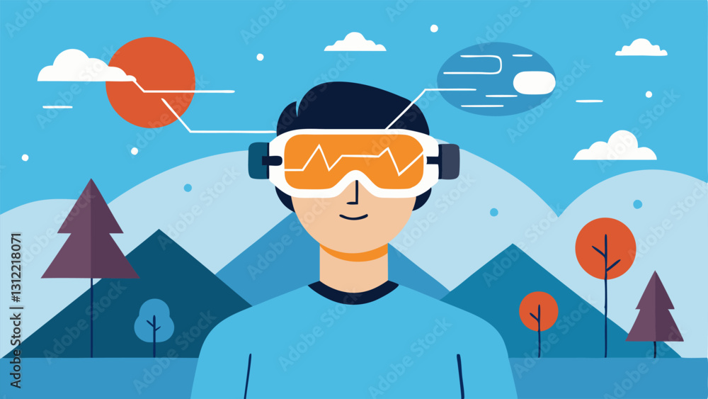 Poster virtual exploration a user in a virtual reality environment wearing a bci with panoramic landscapes 