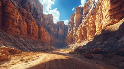A dusty road through a deep canyon beneath a blue sky