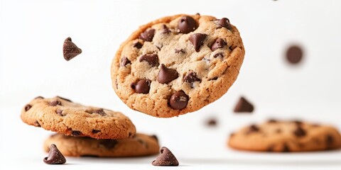 Freshly baked chocolate chip cookies levitating on a bright white background