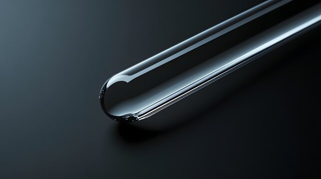 Laboratory test tube rests on a black surface diagonally