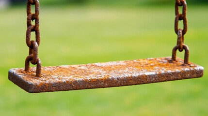 A rusty swing set in a park.