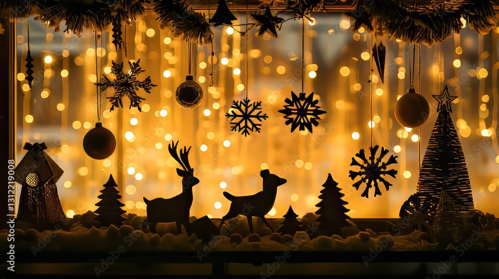 Poster a window with a christmas tree and decorations. there are two deer and a tree in the window