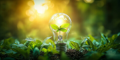 A light bulb against nature on green leaf with energy sources, Sustainable development and responsible environmental, Energy sources for renewable, Ecology concept