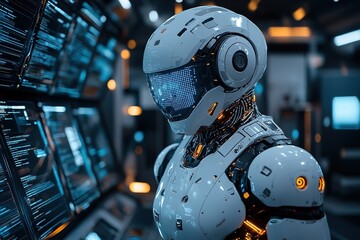 Fototapeta premium Futuristic Robot Monitoring Data Streams in Advanced Tech Control Room