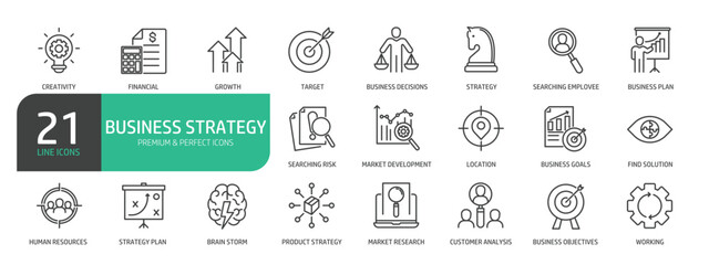 Set Of Business Strategy Line Icons. The set includes a Growth, Business Plan, Market Development, Business Goals, Find Solution, Strategy Plan, Market Research, Working, Product Strategy, and more.