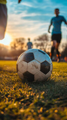 Weathered soccer ball lying on emerald grass, sunset backdrop illuminating distant players competing on field